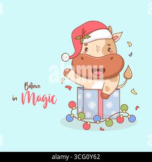 Happy Christmas Little Cow in Santa Hut in Silvester Geschenkbox mit Girlande. Niedliches Lustiges Kawaii-Tier-Cartoon. Coole Weihnachtskarte. Vektorabbildung. K Stock Vektor