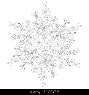 Einfarbige, runde Blumendekoration. Schwarz-weiße Illustration von Blumen und Blättern. Ornamentales rundes Mandala. Blumendruck Stock Vektor