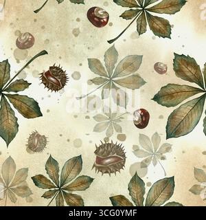 Nahtloses Muster mit Herbstkastanienblättern, Zweigen und Früchten. Handgemachte Aquarellillustration. Auf farbigem Hintergrund. Zum Verpacken, Dekor Stockfoto
