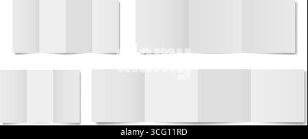 Satz weißer gefalteter Papierbögen. Doppeltes Einklappen. Vertikale Seiten. Leere Broschüre. Vierteilige Akkordeonfaltung Stock Vektor