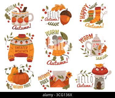 Satz Herbstaufkleber oder Herbstposter. Vektor-Saisonschild für September-Feiertage oder Erntefeier, Thanksgiving und Halloween. Waldblätter und Kürbis, Maus, Wein, Pilz, Brief auf Plakat Stock Vektor
