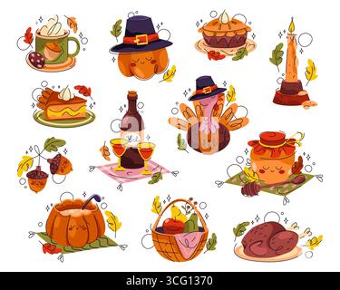 Set mit Thanksgiving-Aufklebern. Vektor Herbstferien Kulinarik und Getränke. Schilder für saisonale Erntefeier. Kürbiskuchen und truthahn, Kaffee und Suppe, Honigglas und Wein, Kerze. Ernährungssaison. Stock Vektor