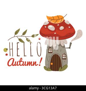 Hallo Herbstposter mit Pilzen. Vektor-Herbst- oder saisonale Begrüßungs- oder Einladungsplakette. Rustikale Karte mit Pilzen oder roten Pilzen. Natur-Symbol für Wald oder Holz. September-Abzeichen mit Pilz. Thanksgiving Stock Vektor