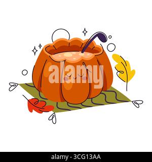 Thanksgiving Kürbissuppe in Kürbisschale. Vektor warme hausgemachte Gericht für Herbst Festtage oder Herbstferien, Halloween-Mahlzeit oder Familienessen Abendessen. Natürliche und biologische saisonale Speisen. Kochrezept. Stock Vektor