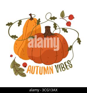 Vektor-halloween-Poster mit Kürbis. Herbstlese-Plakette oder saisonales Landwirtschaftsschild mit Gemüse und Blättern, Herbststimmung oder Vibe-Text. Feiertage und Feiertage. Gemüse und Natur Stock Vektor