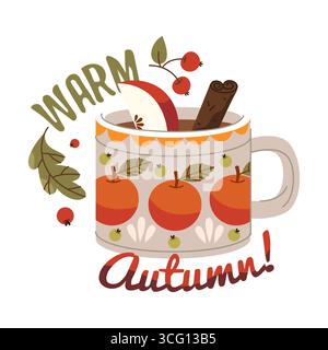 Glühweinbecher mit Obst als Herbsteinladungskarte. Vektor Heißalkoholgetränk mit Apfel und Blättern für warmes Herbstposter. Saisonales Getränk für Thanksgiving und Feierlichkeiten im Oktober und September im Freien Stock Vektor