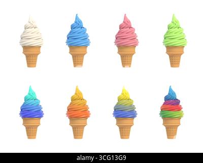 Set aus weichem Eis Eiscreme in Waffelkegel, verschiedene Geschmacksrichtungen, isoliert auf weißem Hintergrund. 3D-Illustration Stockfoto