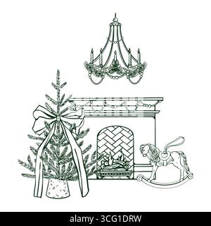 Weihnachtsvektor-Retro-Illustration mit Kamin, Weihnachtsbaum, Schaukelpferd und Kronleuchter. Monochrome Konturkomposition in grüner Farbe isoliert auf weißem Hintergrund. Vektorillustration für Postkarten Stock Vektor