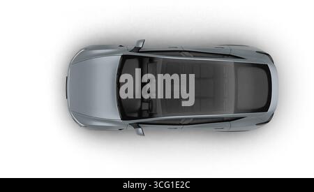 Izmir, Türkei - 25. August 2025: Realistisches 3D-Rendering eines grauen 2025 Tesla Model Y, Top-down-90-Grad-Ansicht, weißer Hintergrund. Stockfoto