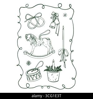 Set mit Vintage-Weihnachtselementen für Karten. Vektorkontur, Abbildung. Retro-Spielzeug für das Neujahr. Schaukelpferd, Trommel, Glocken, Kerze. Illustration zu Vintage-Weihnachtsattributen. Monochrome Schwarz-weiß-Komposition im skurrilen Rahmen Stock Vektor