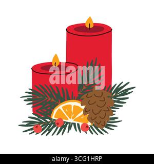 Festliche, weihnachtliche, Adventskerzen dekoriert mit Tannenzweigen, Tannenzapfen, Orangen- und Beerenscheibe; gemütliche Feiertagsanordnung, Winterdekoration Stock Vektor