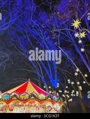 Weihnachtsmarkt Karussell bei Nacht mit gelben Sternlaternen und blau beleuchteten Winterbäumen, Köln, Nordrhein-Westfalen, Deutschland. Stockfoto