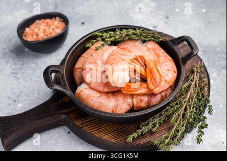 Rohe, kopflose rote argentinische Garnelen, Garnelen in einer Pfanne. Grauer Hintergrund. Draufsicht. Stockfoto