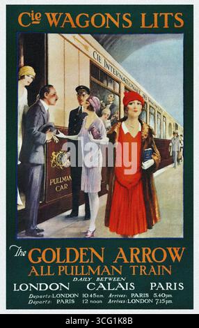 Das Golden Arrow Railway Poster – Cie Wagons Lits – All Pullman Train Railway Poster von William Spencer Bagdatopoulos, der sein Werk W. S. Bylityllis 1929 signierte. Stockfoto
