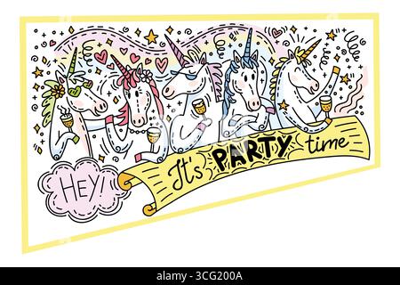 Lustige Einhörner auf der Party. Magischer Pferdecharakter im Doodle-Stil. Handgezeichneter Vektor isolierte farbige horizontale Illustration. Für Aufkleber, Karte, DE Stock Vektor