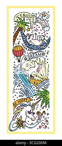 Lustige Einhörner, die sich am Strand entspannen. Magischer Pferdecharakter im Doodle-Stil. Handgezeichneter Vektor isolierte farbige vertikale Illustration. Für Aufkleber, c Stock Vektor