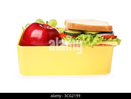 Offene Lunchbox mit leckerem Sandwich und Apfel isoliert auf weiß Stockfoto
