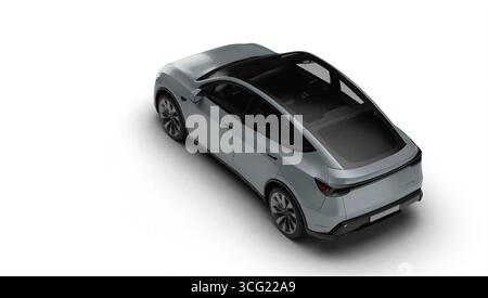 Izmir, Türkei - 25. August 2025: Realistisches 3D-Rendering eines grauen 2025 Tesla Model Y, leicht links hinten und oben, weißer Hintergrund. Stockfoto