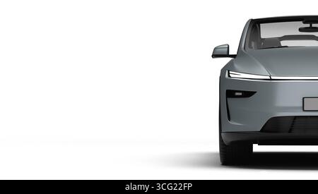 Izmir, Türkei - 25. August 2025: Realistisches 3D-Rendering eines grauen 2025 Tesla Model Y, rechte Halbansicht vorne, weißer Hintergrund. Stockfoto