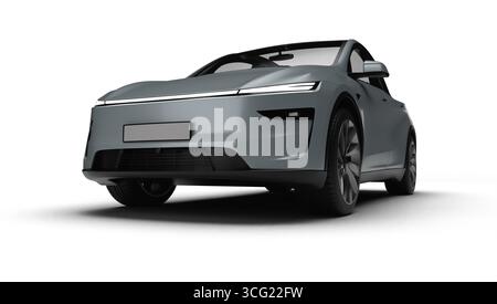 Izmir, Türkei - 25. August 2025: Realistisches 3D-Rendering eines grauen 2025 Tesla Model Y, leichte linke Vorderansicht, weißer Hintergrund. Stockfoto