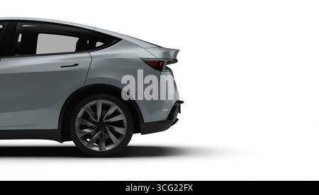 Izmir, Türkei - 25. August 2025: Realistisches 3D-Rendering eines grauen 2025 Tesla Model Y, linke hintere Halbansicht, weißer Hintergrund. Stockfoto