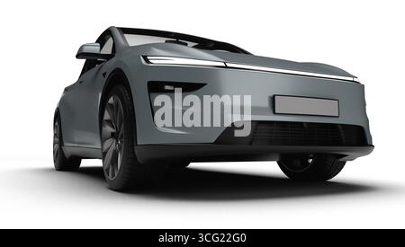 Izmir, Türkei - 25. August 2025: Realistisches 3D-Rendering eines grauen 2025 Tesla Model Y, leichte rechte Vorderansicht, weißer Hintergrund Stockfoto