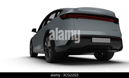 Izmir, Türkei - 25. August 2025: Realistisches 3D-Rendering eines grauen 2025 Tesla Model Y, leichte linke Rückansicht, weißer Hintergrund. Stockfoto