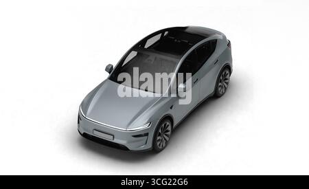 Izmir, Türkei - 25. August 2025: Realistisches 3D-Rendering eines grauen 2025 Tesla Model Y, leicht links vorn und oben, weißer Hintergrund Stockfoto