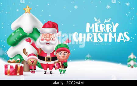 Weihnachts-Clipart mit Santa, Elf, Rentier und Holiday Tree in Snow Stock Vektor