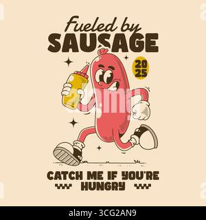 Verspielter Retro-Wurstcharakter mit Senfflasche, perfekt für T-Shirts, Poster oder Food-Liebhaber Stock Vektor