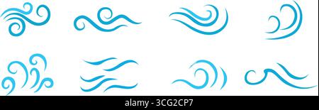 Vektorsatz für blaue Wellen. Zeichensammlung mit Wave-Illustrationen. Ozeansymbol. Wasser, Rauchfluss Kunst, Vektorillustration. Stock Vektor