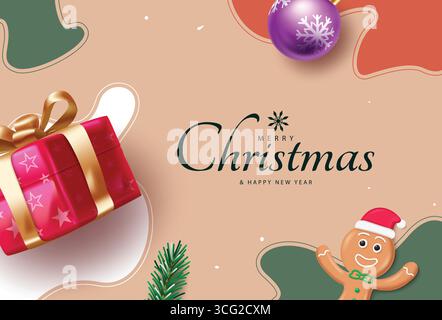 Festliche Geschenkbox, Lebkuchenmann und Ornamente Weihnachtsfeiertage Clipart Illustration Stock Vektor