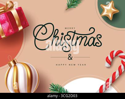 Festlicher Weihnachtsgruß mit Zuckerrohr, Geschenkbox und Weihnachtsschmuck Stock Vektor