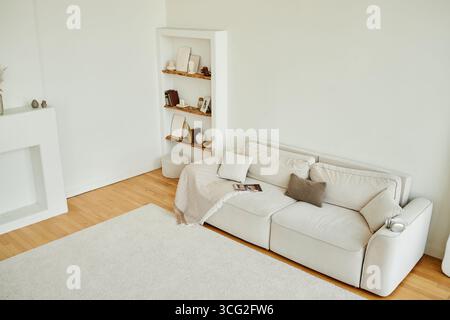 Leeres, modernes Wohnzimmer mit minimalistischem Sofa und dekorativen Regalen Stockfoto