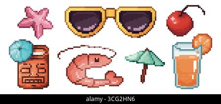 Pixelsommeraufkleber mit Seesternen, Sonnenbrille und Garnelen für Strandurlaubsspiele. 8-Bit-Tiki-Maske, Kirsche, Palmenschirm und orangenes Cocktailglas. Tropische Retro-Ikonen für Partys am Meer. Stock Vektor