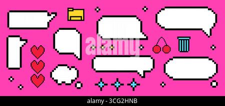 Pixel-Sprechblasen mit ästhetischen y2k-Elementen – weiße Dialogfelder, Herzen und Kirschen, Ordnersymbol und Mülleimer auf leuchtendem rosa BG. Retro-Computerschnittstellen für Nachrichten oder Chat. Stock Vektor