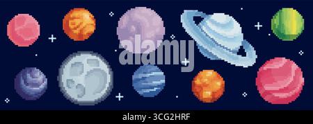 Farbenfroher Pixelplanet mit Weltelementen - Mond- und Gasriesen, beringte Welten und terrestrische Kugeln auf dunkelblauem Kosmos Hintergrund. 8-Bit-Himmelskörper für Retro-Spiele oder Sci fi-Artwork. Stock Vektor