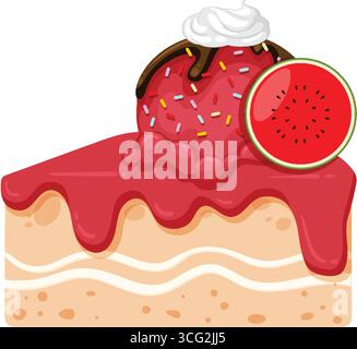 Verspielter Vektor der Kuchenscheibe mit Wassermeloneneis, Schokoladennebel, Schlagsahne und Streuseln. Stock Vektor