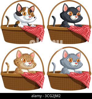 Vektor-Illustration von vier bunten Kätzchen in Körben, helle Farben, saubere Umrisse, weißer Hintergrund Stock Vektor