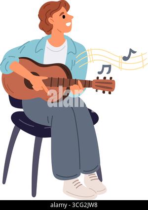Der Junge spielt Gitarre und singt singen. Der Mensch macht Musik. Gitarrist sitzt auf Stuhl. Musikalisches Akustikinstrument. Fröhlicher Musiker. Unterhaltungskonzert Stock Vektor