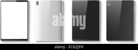 Mockup von schwarzen und weißen Tabletten. Vorder- und Rückansicht des Geräts. Digitale Technologie. Display-Schnittstelle. Glänzender Touchscreen. 3D-Gadgets auf weiß Stock Vektor