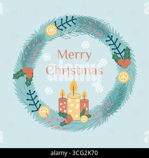 Weihnachtskranz mit Kerzen und Mandarinen Stock Vektor