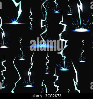 Elektrische Entladungen auf dunklem Hintergrund. Blitzschlag auf Erdung. Donner mit Funken treffen Effekte. Gewittermuster. Auswirkungen auf die Elektrizität Stock Vektor