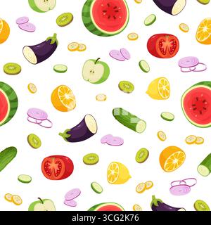 Schneiden Sie Gemüse und Obst. Nahtloses Lebensmittelmuster. Frische Orange, Zitrone und Apfel. Natürliche Produkte. Wiederholter Druck. Tomaten- und Gurkenscheiben. Kochen Stock Vektor