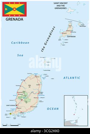 Karte der Insel Grenada der Kleinen Antillen Stockfoto