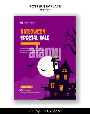 Halloween Night Celebration vertikale Poster Vorlage mit flachem Zeichentrickfilm handgezeichnetem Hintergrund Stock Vektor