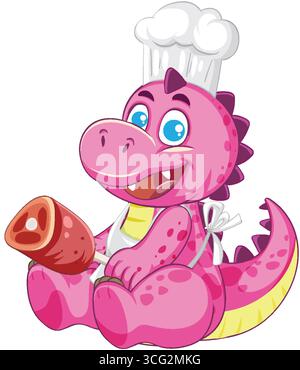 Lächelnder pinkfarbener Dinosaurierkoch mit Schürze und Hut, mit Fleischtrommeln, leuchtenden Farben Stock Vektor