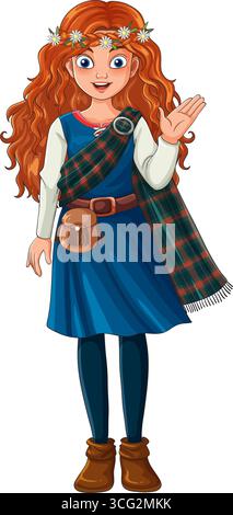 Fröhliches rothaariges Mädchen in Schottenband, blauem Kleid und Blumenkrone winkend, flache Vektorkunst. Stock Vektor