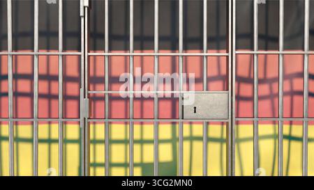 Gefängnisgitter mit Deutschlandfahne im Hintergrund Symbolbild zum Thema Meinungsfreiheit, Unterdrückung, Meinungsfreiheit usw. In Deutschland *** Gefängnisstangen mit deutscher Flagge im Hintergrund symbolisches Bild zum Thema Meinungsfreiheit, Repression, Meinungsfreiheit usw. in Deutschland Stockfoto