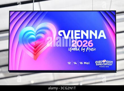 THEMENBILD - Wiener Stadthalle am Montag, 25. August 2025 in Wien, Österreich. In Wien findet der 70. Eurovision Song Contest statt, das Finale findet am 16. Mai 2026 in der Wiener Stadthalle statt. VIENNA 2026 United by Music Logo – 20250825 PD10962 Credit: APA-PictureDesk/Alamy Live News Stockfoto